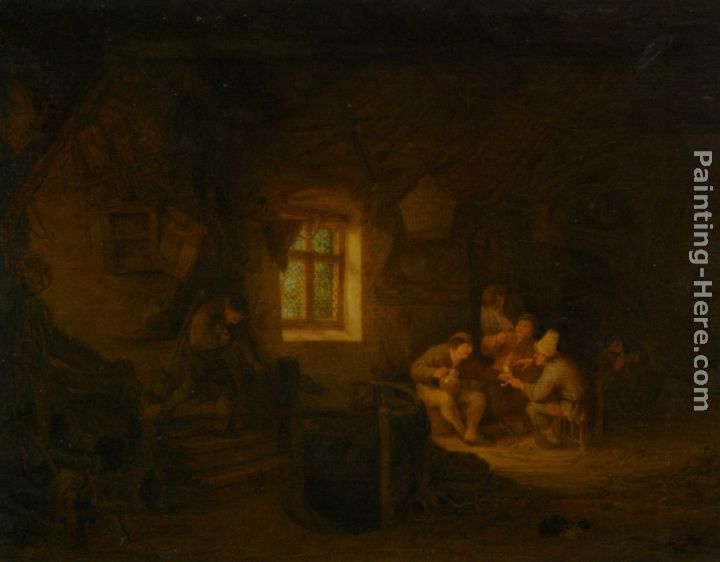 A Tavern Interior with Peasants Drinking Beneath a Window painting - Adriaen van Ostade A Tavern Interior with Peasants Drinking Beneath a Window art painting